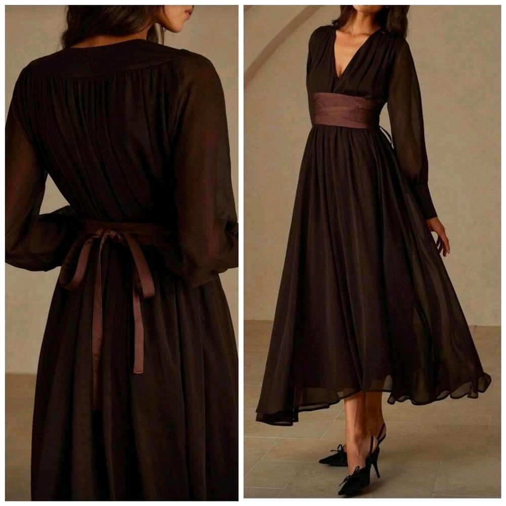 New Flowy Chiffon Satin Tie Belt Midi Dress Dark Brown